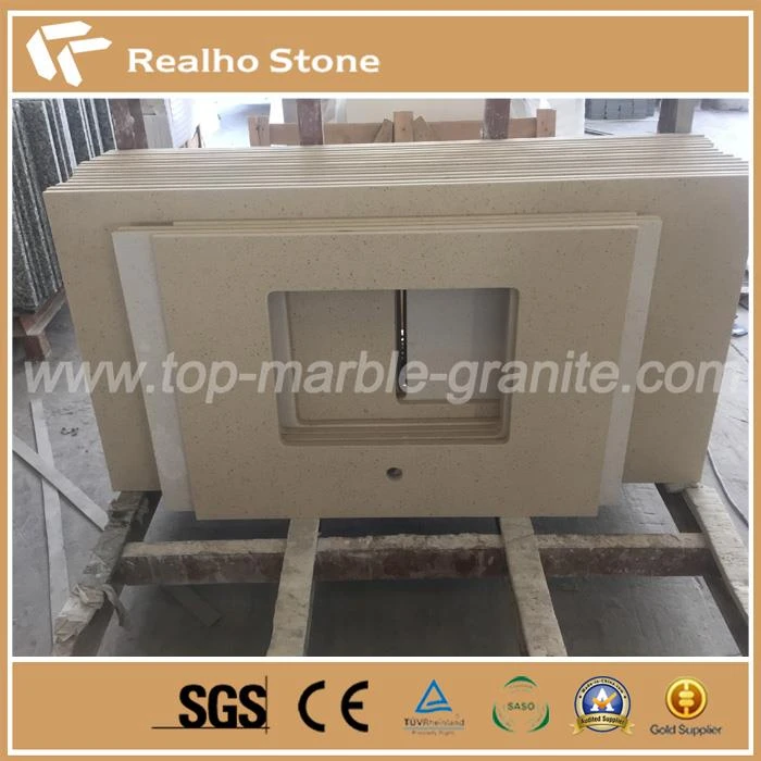 Polished Solid Surface Beige Blizzard Quartz Stone Bathroom Vanity Tops