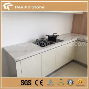 Polished Engineered Calacatta White Custom Quartz Kitchen Countertops