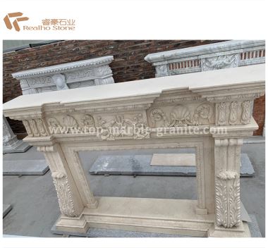 Indoor Incredible Beige Marble Carved Fireplace Mantel